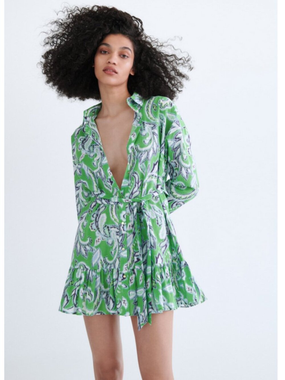 SOBE Sz. M Green Paisley Long Sleeve Button Up Shirt Dress